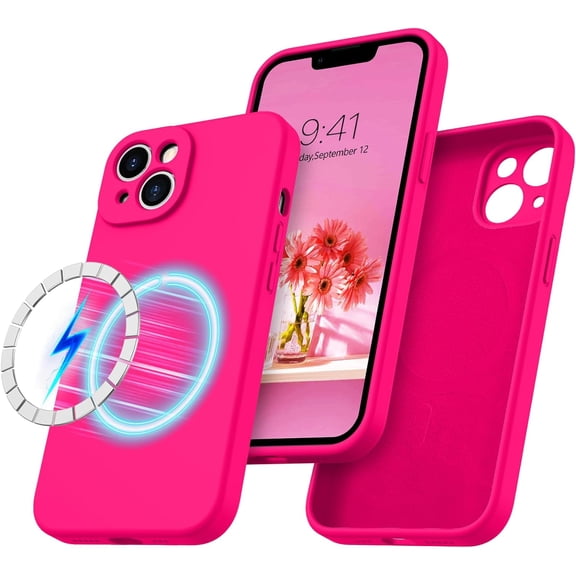 iPhone 13 Case, iPhone 13 Liquid Silicone Magnetic Phone Case Compatible with Magsafe, with Microfiber Lining Case for iPhone 13, Hot Pink
