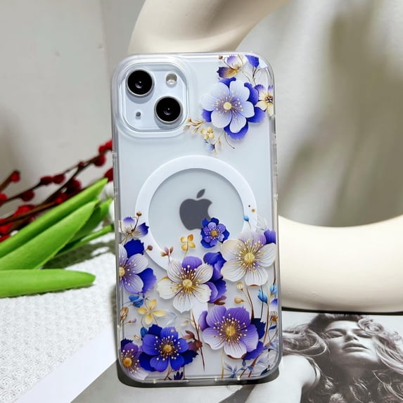 for iPhone 13 Case/iPhone 14 Case for MagSafe, Cute Glitter Design for Women and Girls, Anti-Yellow Hard PC Protective Luxury Shockproof Bumper Phone Case for iPhone 13/14,Purple Flower