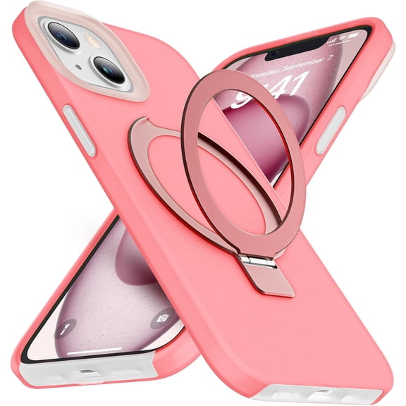 for iPhone 13 Case & iPhone 14 Case [Silicone] Phone Cases with Magnetic Invisible O-Ring Stand [Military Grade Drop Protection]Shockproof Compatible with Mag-Safe for Women Girls,Jelly Pink