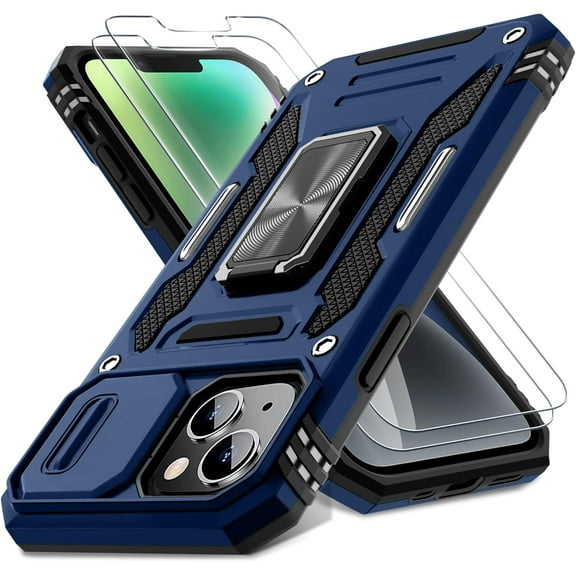 for iPhone 13 Case, iPhone 14 Case with Slide Camera Cover + Screen Protector (2 Packs), Rotated Ring Kickstand Military Grade Shockproof Protective Cover-Navy Blue