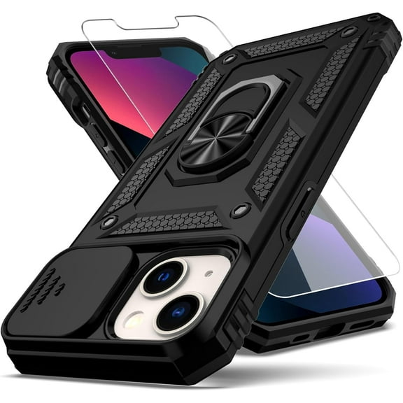 for iPhone 13 Case,with Camera Lens Cover HD Screen Protector,[Military Grade] Ring Car Mount Kickstand Hybrid Hard PC Soft TPU Shockproof Protective Case for iPhone 13-Black