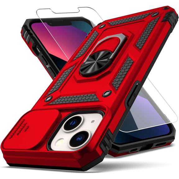 for iPhone 13 Case,with Camera Lens Cover HD Screen Protector,[Military Grade] Ring Car Mount Kickstand Hybrid Hard PC Soft TPU Shockproof Protective Case for iPhone 13-Red