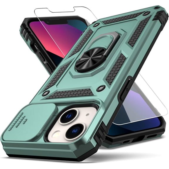 for iPhone 13 Case,with Camera Lens Cover HD Screen Protector,[Military Grade] Ring Car Mount Kickstand Hybrid Hard PC Soft TPU Shockproof Protective Case for iPhone 13-Green