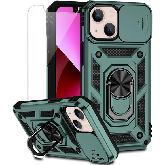 iPhone 13 Case with Screen Protector, Dual Layer Drop Protection, Magnetic Ring Holder - Dark Green