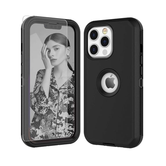 iPhone 13 Cases, Njjex Heavy Duty Shockproof Protective Case for iPhone 13 (6.1 Inch) with Tempered Glass Screen Protector - Black