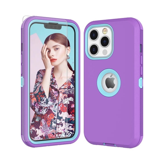 iPhone 13 Cases, Njjex Heavy Duty Shockproof Protective Case for iPhone 13 (6.1 Inch) with Tempered Glass Screen Protector - Purple