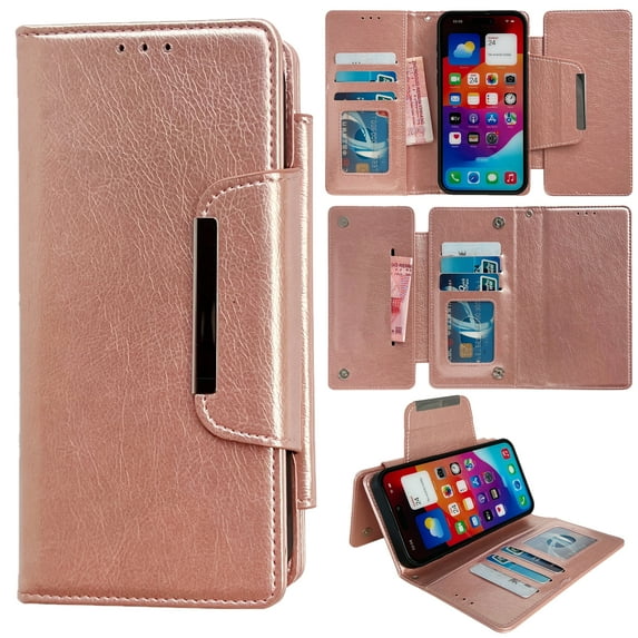 for iPhone 13 Classic PU Leather Case, Shockproof Detachable Magnetic Inner Case Flip Wallet Kickstand Rugged Full Body Protection Card Slots Cover for iPhone 13, Rosegold