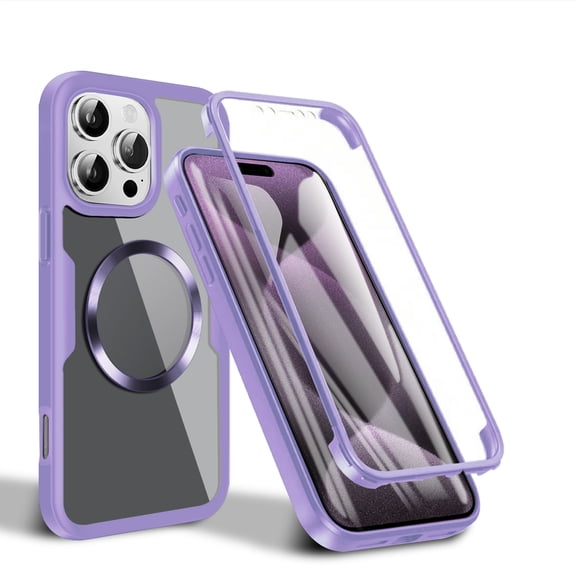 for iPhone 13 Clear Case with Built-in Screen Protector Film, Compatible with Mag-Safe, Military-Grade Protection Yellowing Resistant, Slim Shockproof Magnetic Full Body Phone Case, Purple