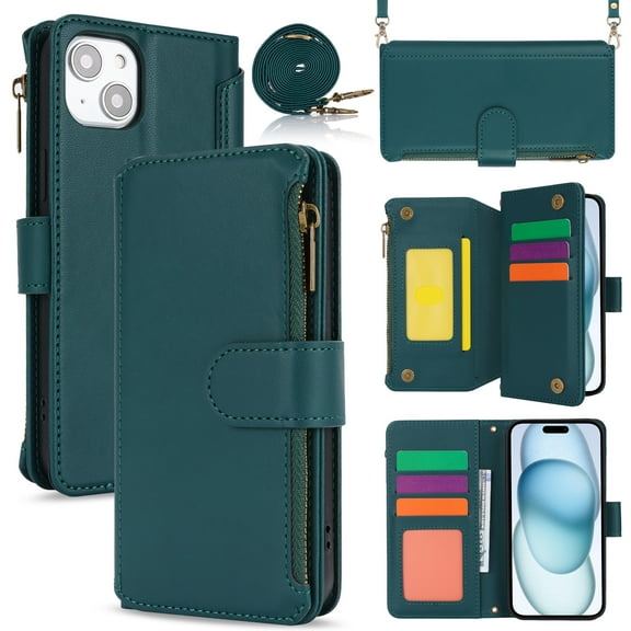 for iPhone 13 Crossbody Case, RFID Blocking for iPhone 13 Case Wallet with Card Holder, Fashion PU Leather Magnetic Flip Zipper Wrist Strap Lanyard Phone Case, Green