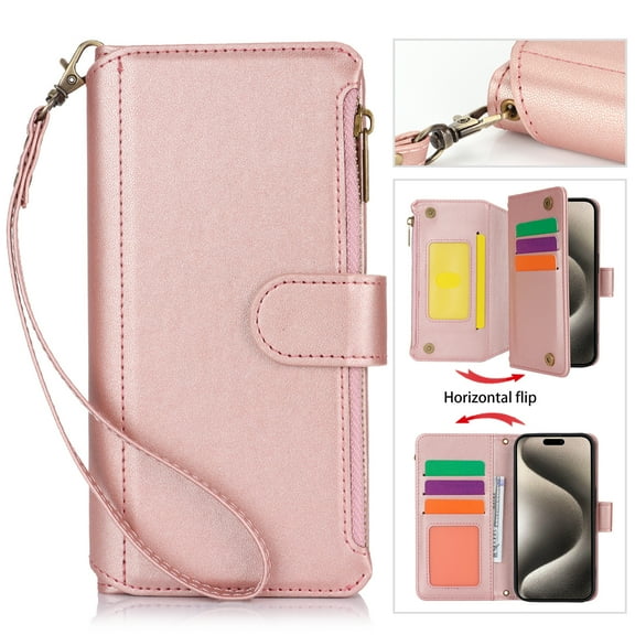 for iPhone 13 Crossbody Wallet Case, RFID Blocking Case Wallet with Card Slots for Women, Fashion PU Leather Magnetic Clasp Zipper Wrist Strap Phone Cover for iPhone 13, Rosegold