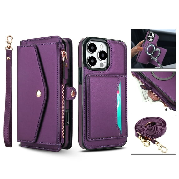 For iPhone 13 Crossbody Wallet Phone Case,Magnetic Detachable Flip,With Wrist Strap&Shoulder Strap,Zipper Pocket,Card Holder,Compatible with Mag-Safe,PU Leather Shockproof Case,Purple