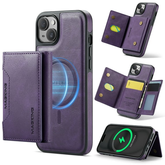 for iPhone 13 Detachable Magnetic Wallet Case with RFID Blocking Card Slots, PU Leather Kickstand Cover with Magnetic Clasp, Shockproof Drop Protective Classic Flip Case, Purple