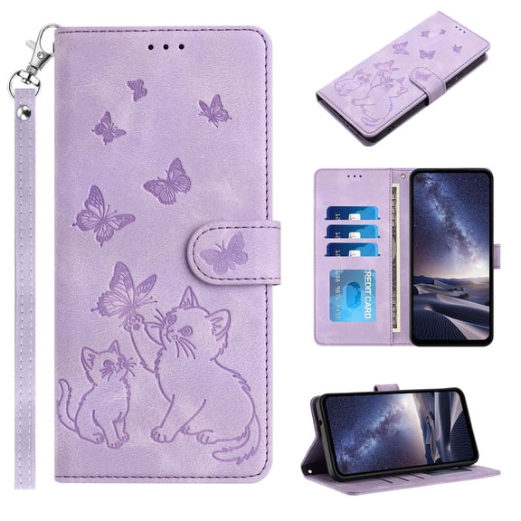 For iPhone 13 Flip Phone Case,Cat Butterflies Embossing PU Leather Flip Cover,Anti-Scratch Shockproof Anti-fall,Flip Folding Kickstand,With Card Slots,Wrist Strap,Phone Case,Purple