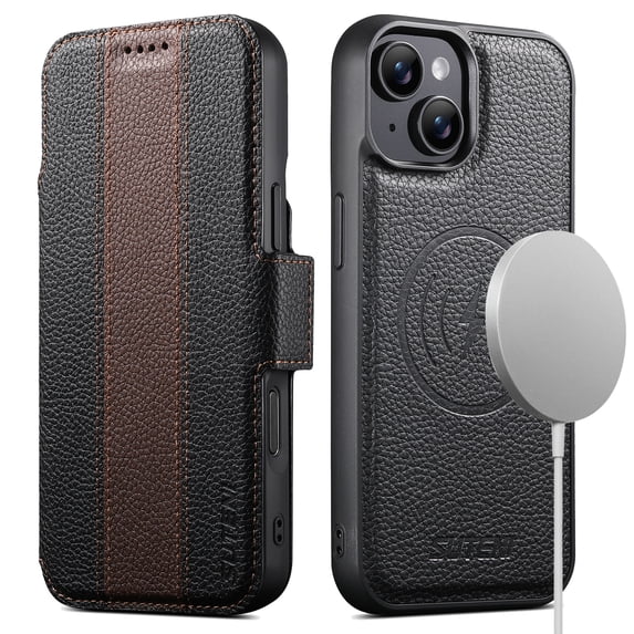 for iPhone 13 Flip Protective Lychee Texture PU Leather TPU Case, Stylish Wireless Charging Luxury Detachable Magnetic Card Pocket Cash Slots Shockproof Kickstand Phone Case Cover, Brown