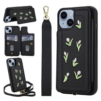 for iPhone 13 Floral Pattern Wallet Case, Magnetic Snap PU Leather Credit Card Holder Stand Wrist Shoulder Strap Flip Cover, for iPhone 13 Protective Case for Girls Women, Black