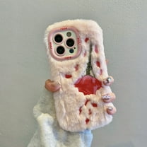 for iPhone 13 Fluffy Phone Case, Fluffy Fuzzy Furry Warm Plush Rose Petal Embroidery Fluffy Furry Winter Fur Shockproof Phone Case,WIth Kickstand, Compatible with iPhone 13,Pink