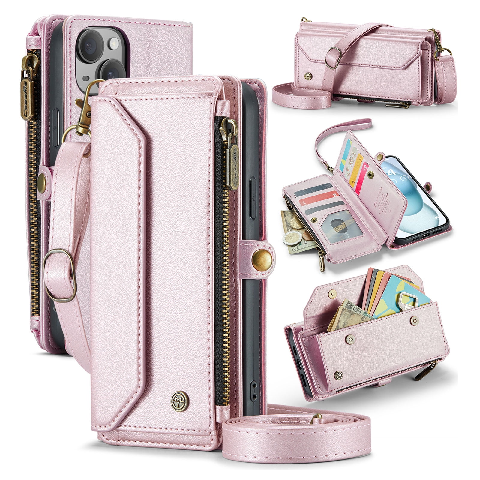 for iPhone 13 Full Body Protection Wallet Folio Flip Case, Shoulder Strap & Wristlet Card Slots Zipper Pocket RFID Blocking Rugged Durable PU Leather Phone Case Cover, Pink