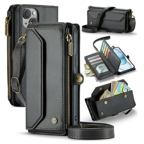for iPhone 13 Full Body Protection Wallet Folio Flip Case, Shoulder Strap & Wristlet Card Slots Zipper Pocket RFID Blocking Rugged Durable PU Leather Phone Case Cover, Black