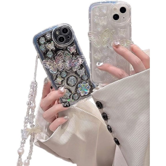 for iPhone 13 Glitter Case, 3D Women Girls Kids Cute Bling Sparkle Soft Clear Rose Flower Butterfly with Pearl Strap Charm Protective Case Cover for iPhone 13