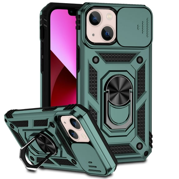 iPhone 13 Kickstand Armor Case with Slide Camera Lens Protection Cover Built-in 360° Rotate Ring Holder Stand Magnetic Military Shockproof Phone Cover Case for iPhone 13,
Darkgreen