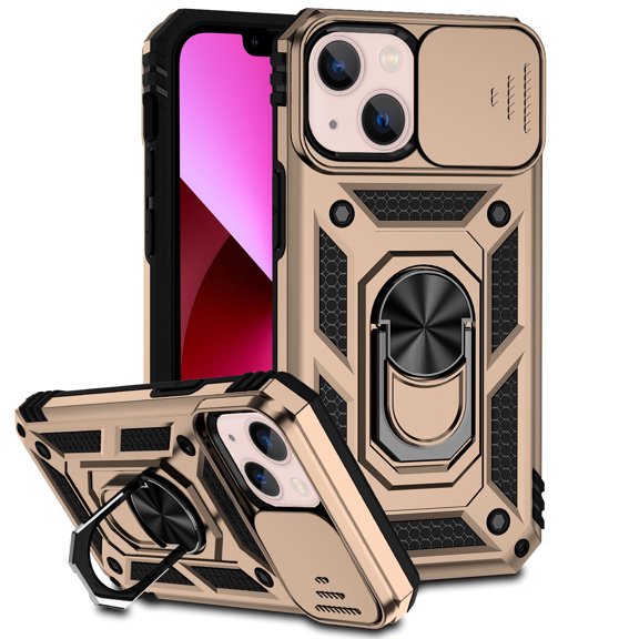 iPhone 13 Kickstand Armor Case with Slide Camera Lens Protection Cover Built-in 360° Rotate Ring Holder Stand Magnetic Military Shockproof Phone Cover Case for iPhone 13,
Gold