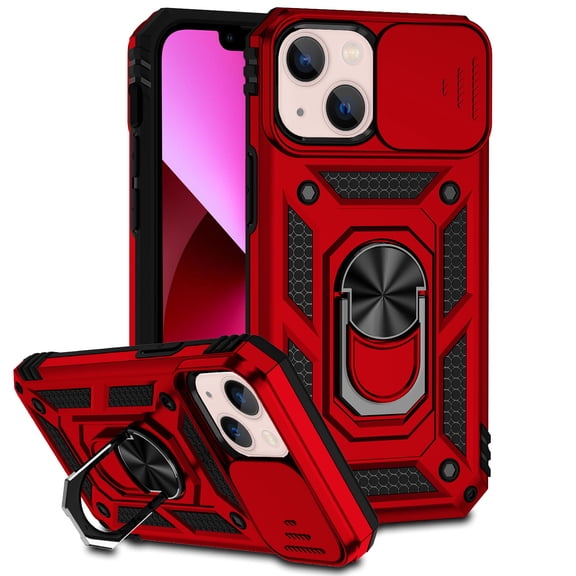 iPhone 13 Kickstand Armor Case with Slide Camera Lens Protection Cover Built-in 360掳 Rotate Ring Holder Stand Magnetic Military Shockproof Phone Cover Case for iPhone 13, Red