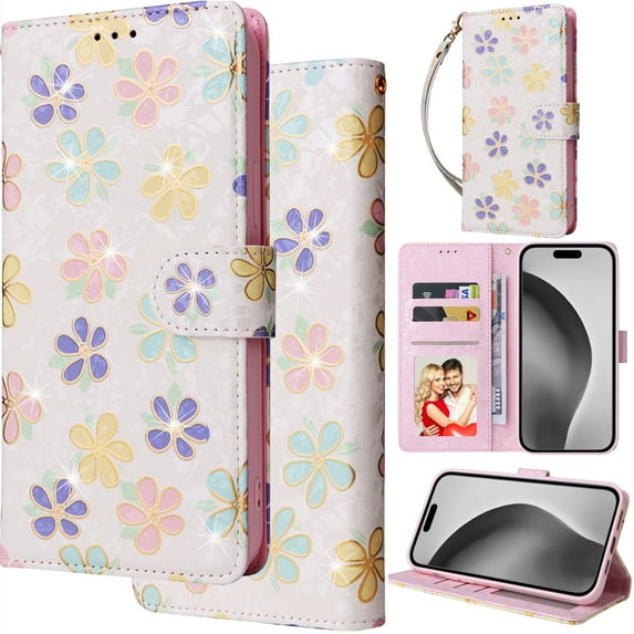 for iPhone 13 Leather Phone Case Wallet Gilding Bronzing Rose Flower Butterfly Folio Flip Cover Kickstand, RFID Blocking Card Holder Cash Slot, Magnetic Clasp, Wrist Strap