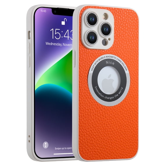 for iPhone 13, Luxury Compatible with MagSafe Slim PU Leather Camera Lens Protector Bling Sparkle Lens Shockproof Case Logo Visible Design for Women Girls For iPhone 13, Orange