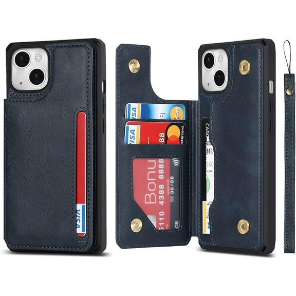 for iPhone 13 Luxury PU Leather Case with Card Holder,Cash Slots,Stand Function Back Wallet Case Flip Wrist Strap Double Magnetic Clasp Durable Protective Case for iPhone 13 6.1",Blue