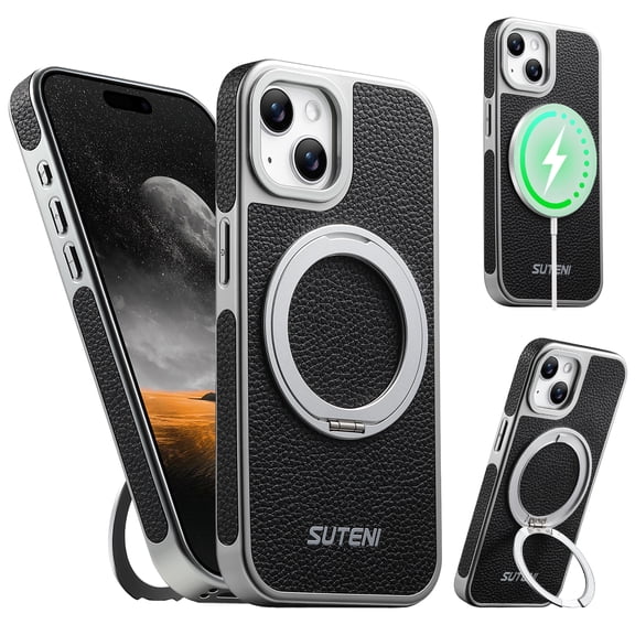 for iPhone 13 Magnetic Case with 360 Rotating Ring Kickstand & Wireless Charging Support, Compatible with MagSafe, Lychee Texture PU Leather Metal Fashion Protective Phone Case, Black