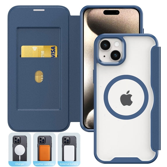 for iPhone 13 Magnetic Case Compatible with Mag-Safe Slim Flip Protective PU Leather Wallet Case with RFID Blocking Card Slots Holder Clear Back Phone Cover for iPhone 13, Blue