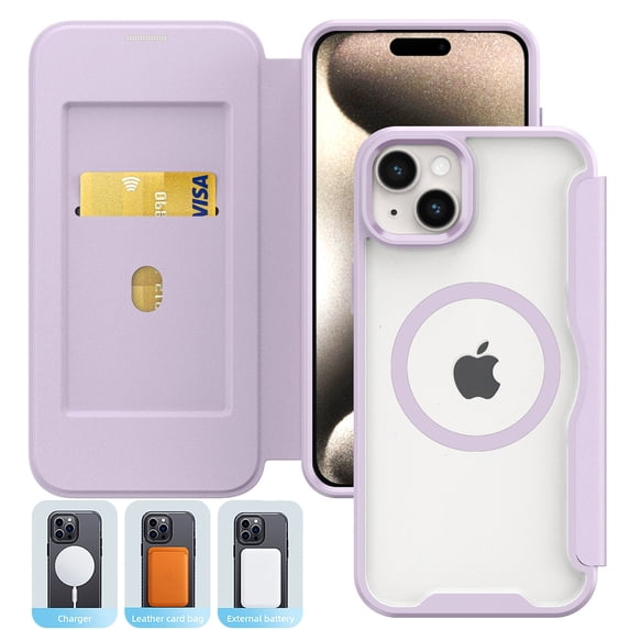 for iPhone 13 Magnetic Case Compatible with Mag-Safe Slim Flip Protective PU Leather Wallet Case with RFID Blocking Card Slots Holder Clear Back Phone Cover for iPhone 13, Purple