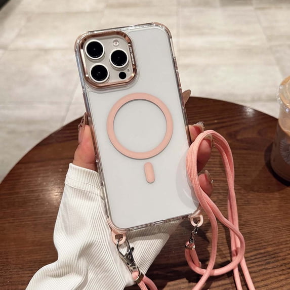for iPhone 13 Magnetic Clear Case, Military Grade Drop Protection Anti-Yellowing Phone Cover, Rugged Durable Shockproof Protective Case with Shoulder Strap for iPhone 13 6.1", Pink
