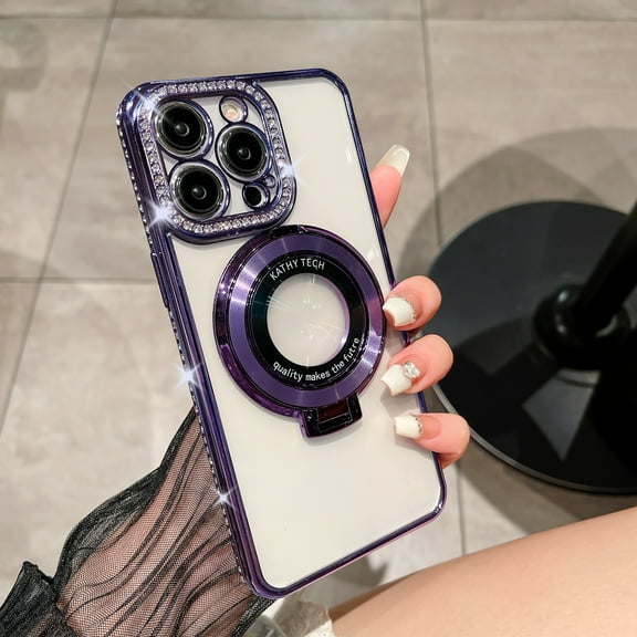 for iPhone 13 Magnetic Glitter Case with Ring Holder Stand, Luxury Bling Rhinestone Clear Phone Case, Compatible with MagSafe and Camera Lens Protection Cover for Women Girls, Purple
