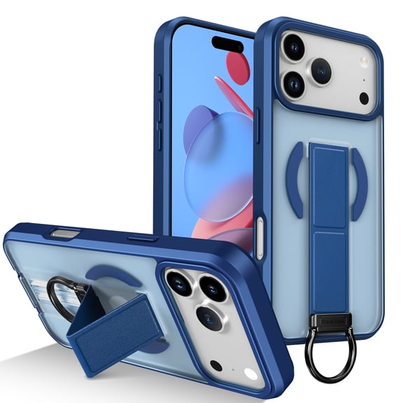 for iPhone 13 Magnetic PU Leather TPU Case Stand Bracket Ring Hand Strap, Compatible with MagSafe, Luxury Shockproof Slim Translucent Frosted Phone Case for iPhone 13, Blue