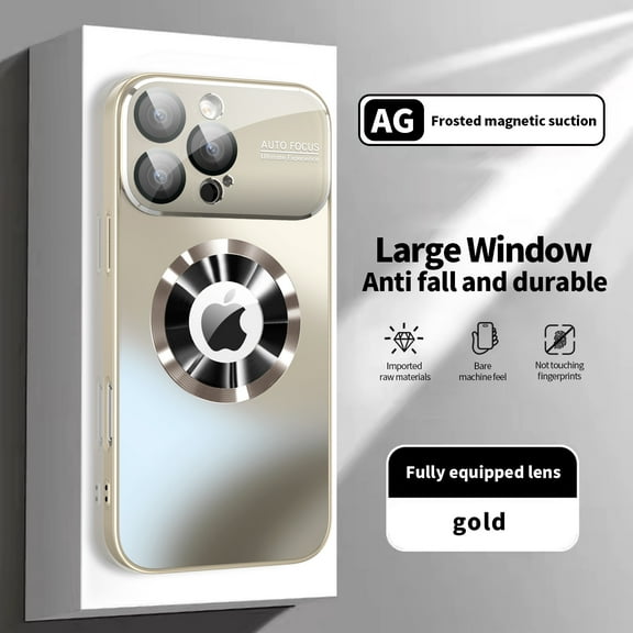 For iPhone 13 Magnetic Phone Case,Compatible With MagSafe,Logo View Design,With Camera Lens Film ,Anti-fall Shockproof Rugged Anti-Scratch Ultra Slim Phone Case Cover,Gold