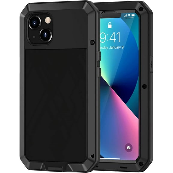 for iPhone 13 Metal Case, Heavy Duty Shockproof Tough Rugged Case with Built-in Glass Screen Protector, 360 Full Body Protective Cover for iPhone 13 6.1 inch, Black