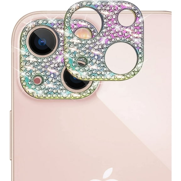 for iPhone 13 Mini Bling Lens Protector, Camera Cover 3D Glitter Crystal Diamond Rhinestone Shining Dots Metal Protective Decoration Sticker Camera Lens Protector Film Colorful(2 Pack)