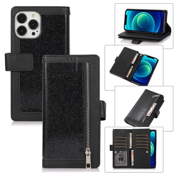 iPhone 13 Mini Case 5.4", Bling Sparkly Glitter Flip Stand PU Leather Zipper Wallet Case with Card Holder/Wrist Strap Magnetic Cover for Apple iPhone 13 mini 2021, Black
