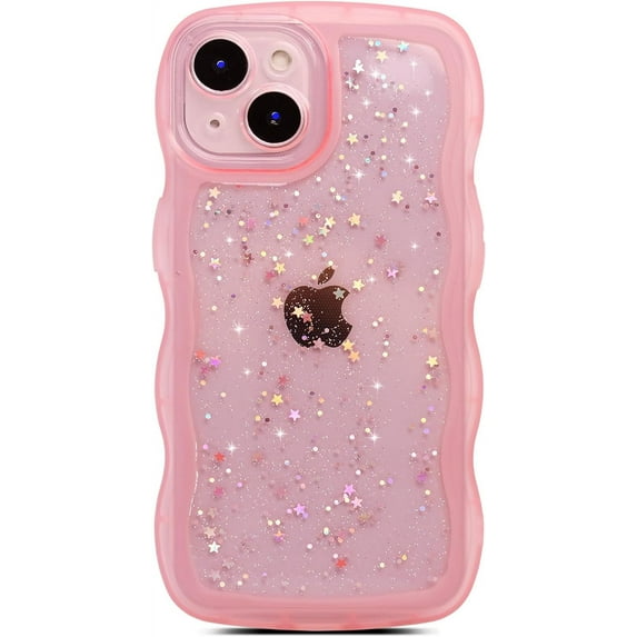 for iPhone 13 Mini Case 5.4" Curly Wave Edge Design Transparent Bling Glitter Star Shiny Case Cute Clear Transparent Full Protection Soft TPU Shockproof Phone Cover for Women Girls,Pink