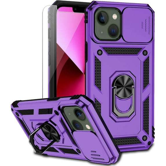 for iPhone 13 Mini Case with Camera Lens Cover HD Screen Protector, Dual Layer Grade Drop Protection Ring Holder Kickstand Protective Phone Case for iPhone 13 Mini 5.4 inch (Purple)