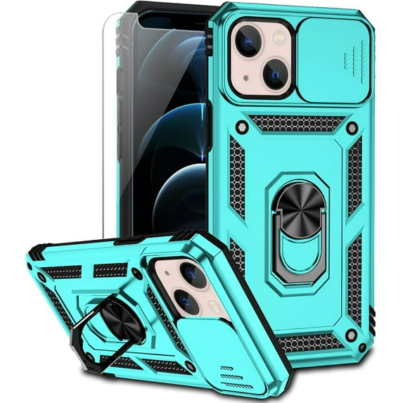 for iPhone 13 Mini Case with Camera Lens Cover HD Screen Protector, Dual Layer Military Grade Drop Protection Magnetic Ring Holder Kickstand Protective Phone Case for iPhone 13 Mini 5.4 inch (Mint)
