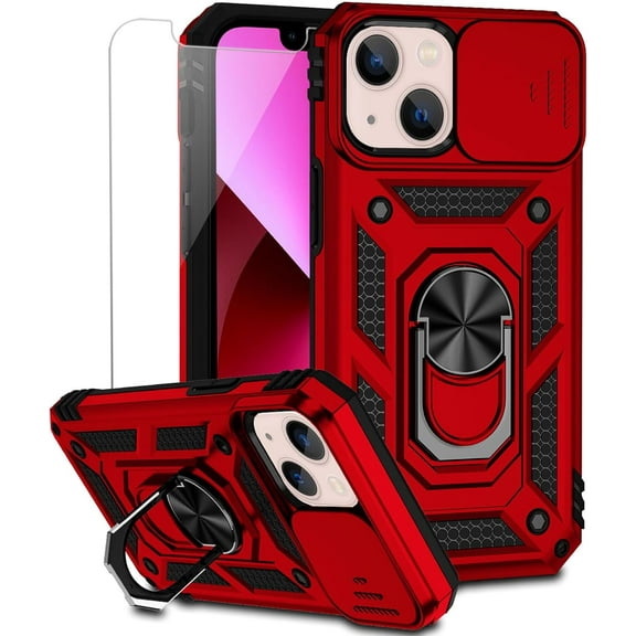 for iPhone 13 Mini Case with Camera Lens Cover HD Screen Protector, Dual Layer Military Grade Drop Protection Magnetic Ring Holder Kickstand Protective Phone Case for iPhone 13 Mini 5.4 inch (Red)