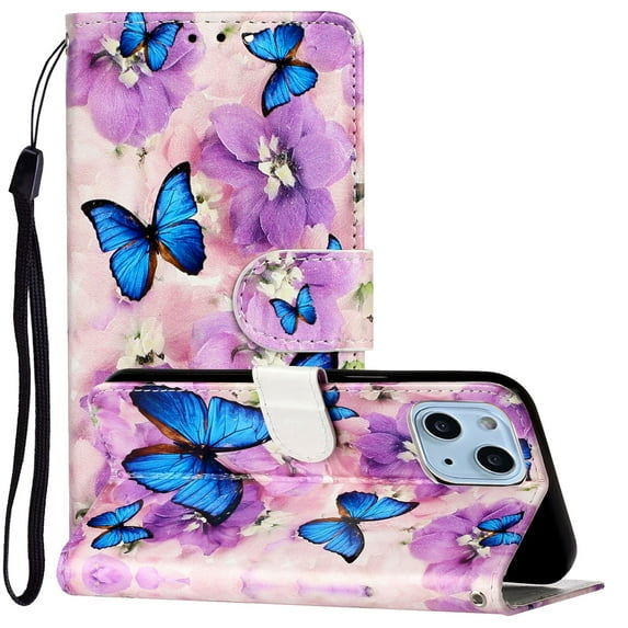 iPhone 13 Mini Case with Card Holder/Detachable Hand Strap, Allytech Kickstand Folio Flip Wallet Credit Card Slots Magnetic Snap PU Leather Protective Case for iPhone 13 Mini 5.4" 2021, Blue Butterfly