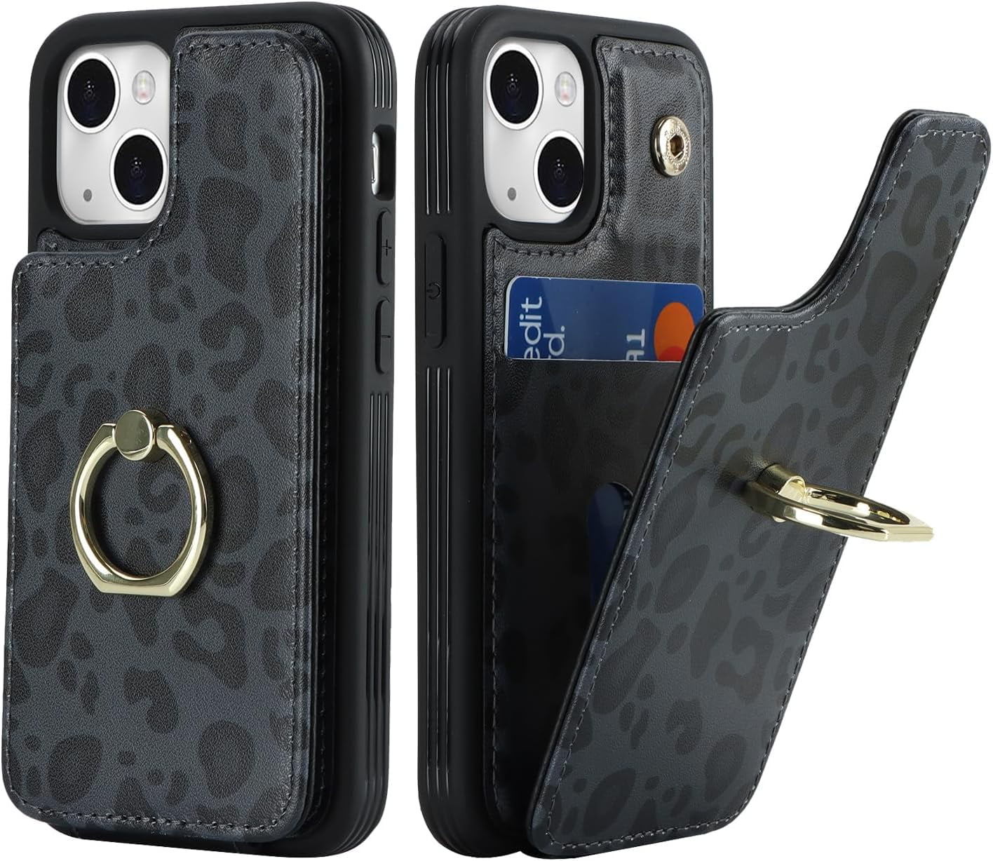 for iPhone 13 Mini Case with Card Holder for Women,for iPhone 13 Mini Phone  Case Wallet,Ring Stand,Credit Card Holder,RFID Blocking PU Leather Cute  Phone Cases 5.4 inch (Black Leopard) - Walmart.com