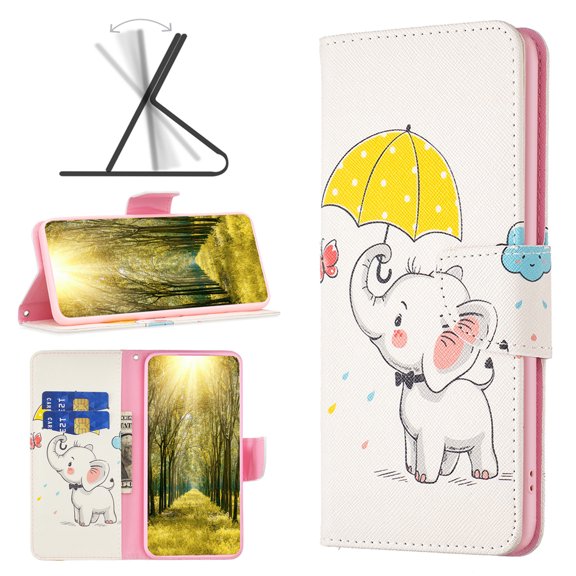 iPhone 13 Mini Case Cute Embossed Pattern Premium Leather Wallet Cover Flip Stand Credit Card Slots Pocket Holder Magnetic Closure Folio Case for iPhone 13 Mini, Umbrella Elephant