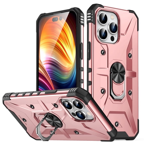 for iPhone 13 Mini Case with Invisible Ring Stand, Military Grade Drop Protection Support Car Mount Holder, Heavy Duty Shockproof Phone Cover for iPhone 13 Mini, Rosegold