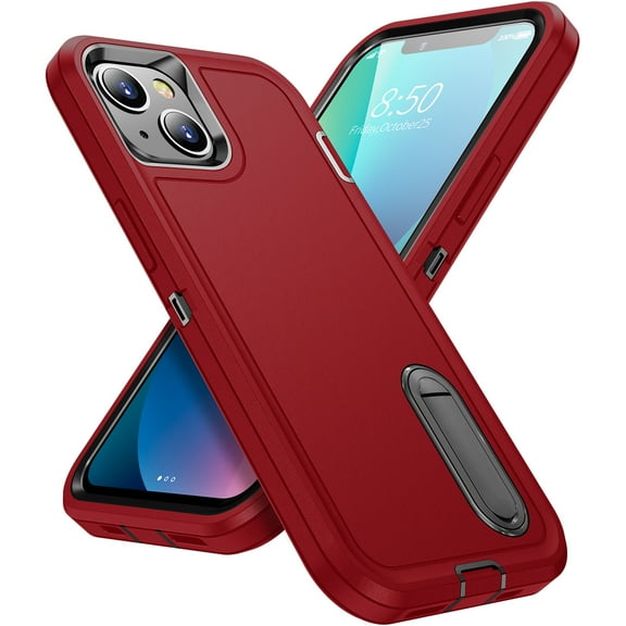 for iPhone 13 Mini Case Kickstand Durable 3-Layer Military Grade Protective Cover Hybrid Silicone Heavy Duty Rugged Shockproof Screen Lip Raised Protection for iPhone 13 Mini Phone Case,
Red+Black