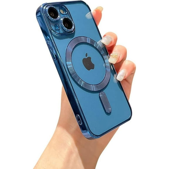 for iPhone 13 Mini Case Magnetic Clear with Camera Lens Protector Full Protection MagSafe Electroplated Luxury Silicone Shockproof Protective Case Cover 5.4 Inch - Blue