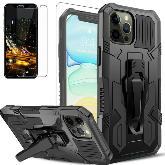 iPhone 13 Mini Case, [Not Fit iPhone 13] With [Tempered Glass Screen Protector Included] Circlemalls 6 Feet Shockproof Heavy Duty Kickstand Cover & Belt Clip-Black